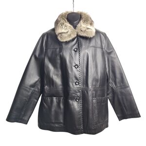 AR Bernardo Womens Black Genuine Leather Faux Fur Button Removable Liner Coat XL